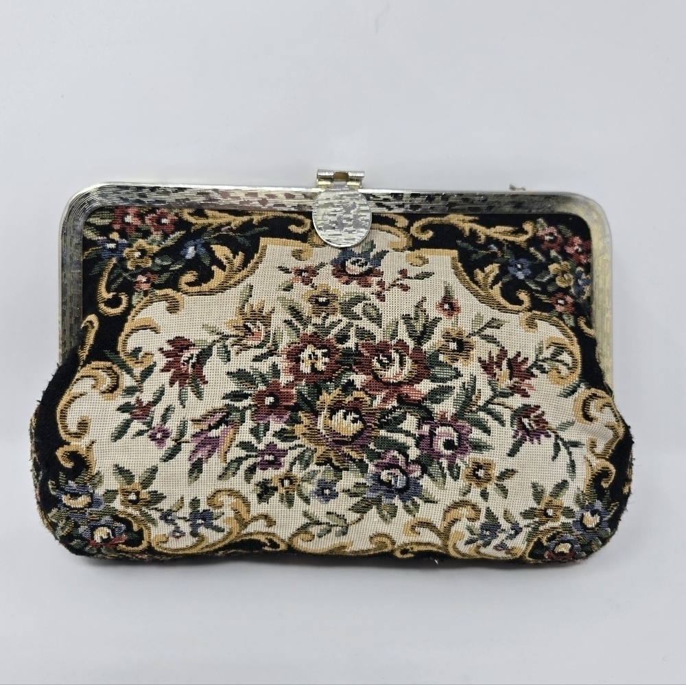 VINTAGE BLACK TAPESTRY MINI BAG CLUTCH FLOWERS ROSES WOMEN OS HONG KONG WEDDING